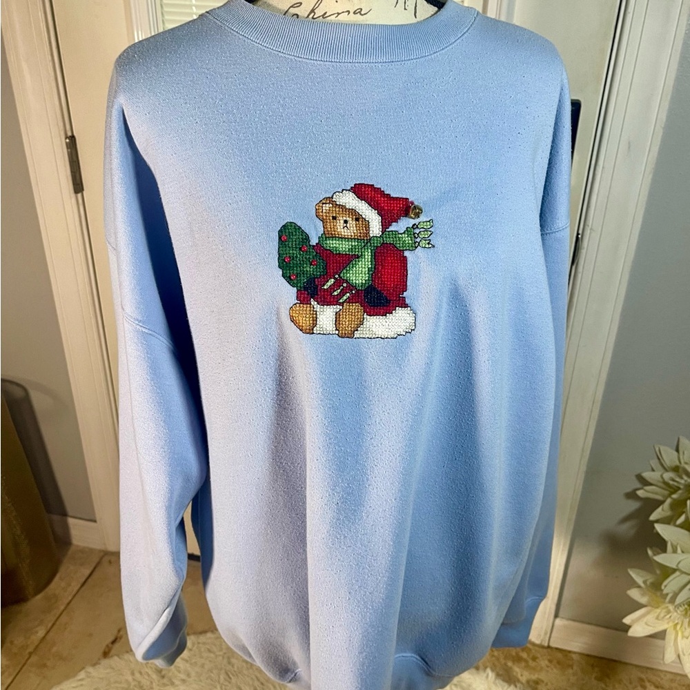 Vintage GAP Women's XL Sweatshirt Baby Blue Christmas Bear Bell Embroidered Ugly - Picture 2 of 10